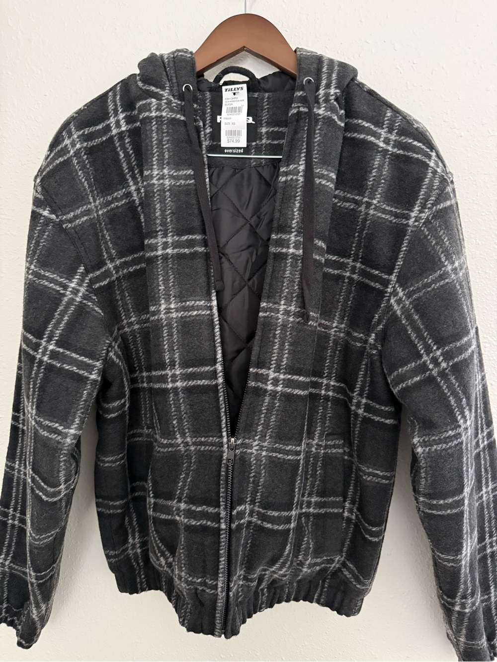 RSQ Oversized Hooded Plaid Jacket Women’s XS Black Gray NWT